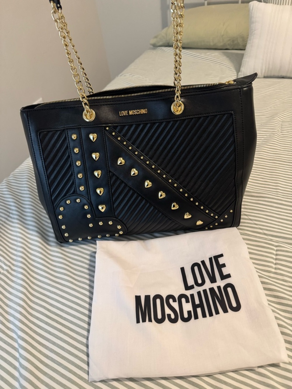 Love Moschino Black Quilted Shoulder Bag with Gold Heart Studs.